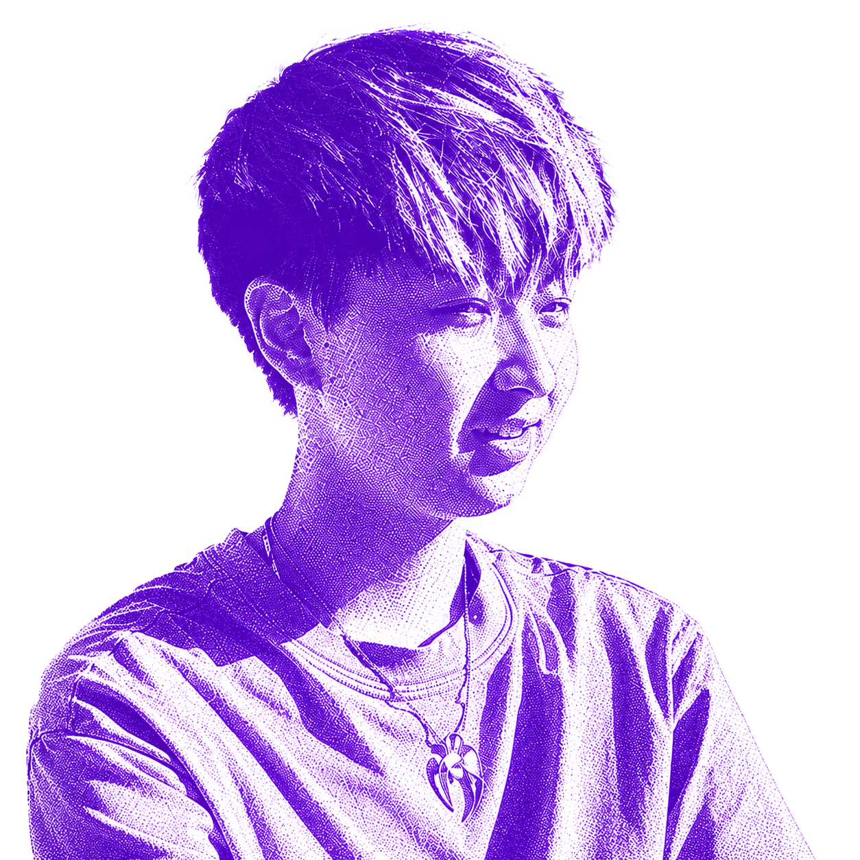 Eason, UGM co-founder, in a purple halftone duotone portrait.