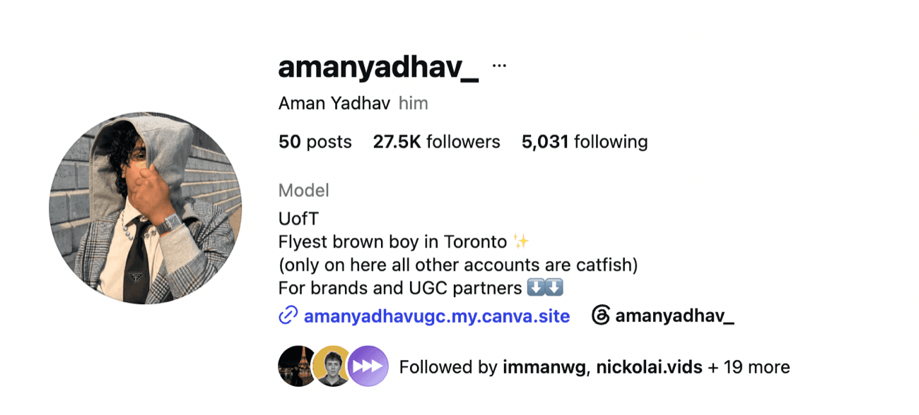 Aman's Instagram profile, 27.5K followers, open for brands and UGC partners