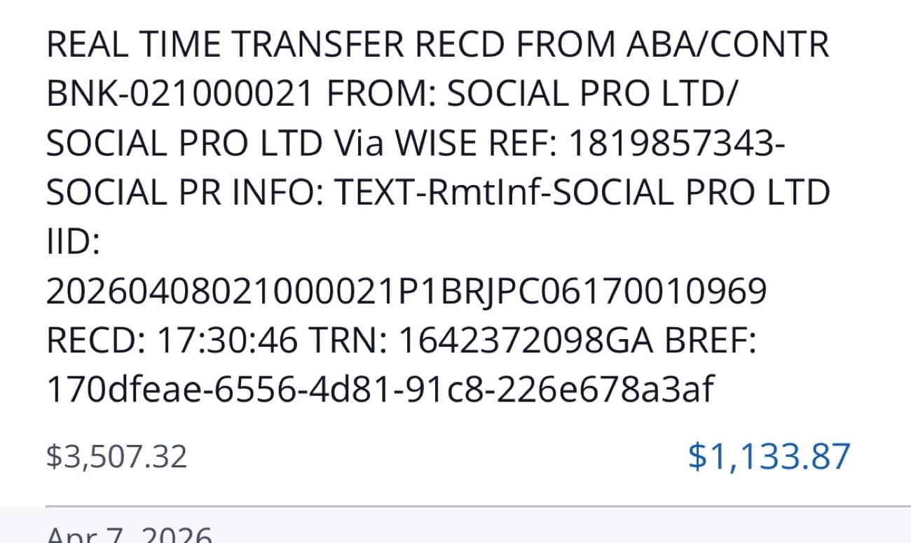 Real-time bank transfer received via Wise, $1,133.87 credited